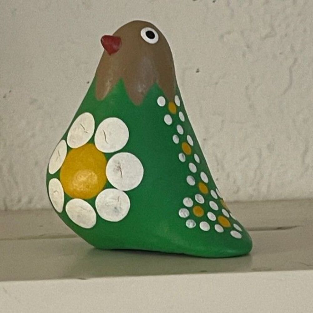 Miniature Clay Bird Figurine Hand Painted Gloria Dios Pottery Costa Rica Green